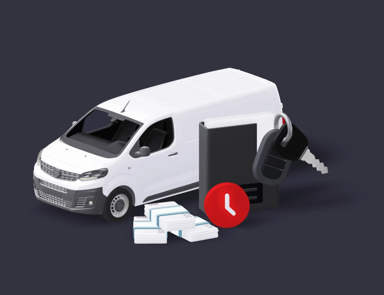 На фоні білого мікроавтобусу зображено стос банківських банкнот, годинник, органайзер та ключі від мікроавтобуса.