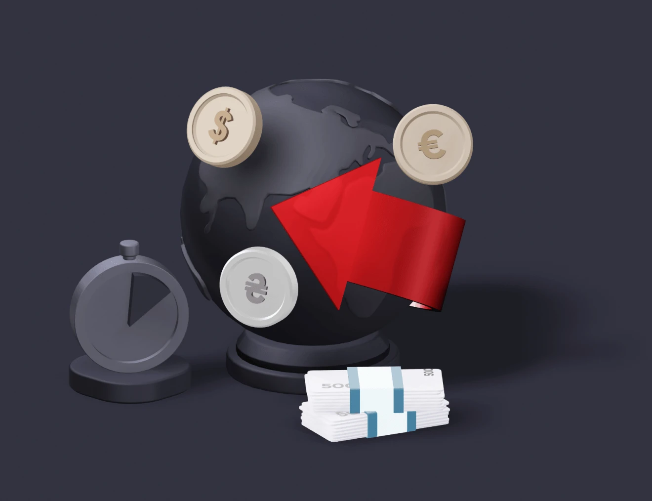 На передньому плані зображено стопка банкнот та секундоміром. На задньому фоні зображено глобус землі, який по екватору огинає червона стрілка.Навколо глобусу, в вигляді супутників літають монети євро, долара та гривні.
