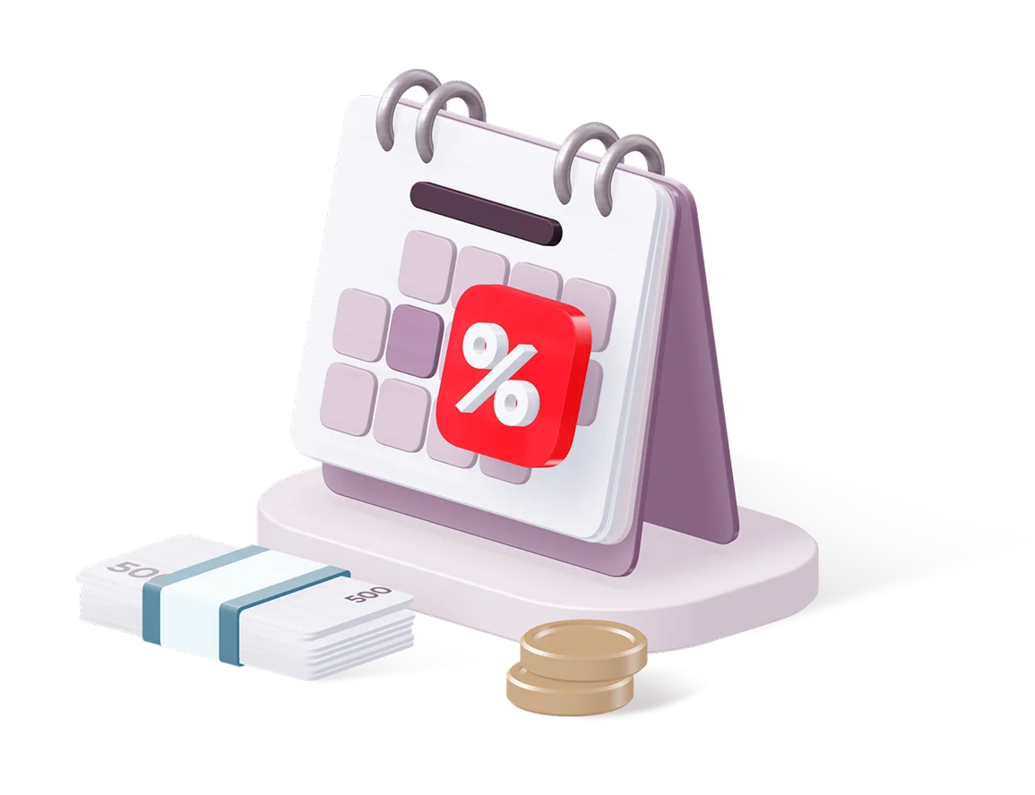 Депозит "Зручний". Оформлення онлайн.Мінімальна сума 100 тисяч гривень,строк 1 день, ставка встановлюється щоденно. Зображено календар, символ "відсотка", стуси банківських банкнот та монет.