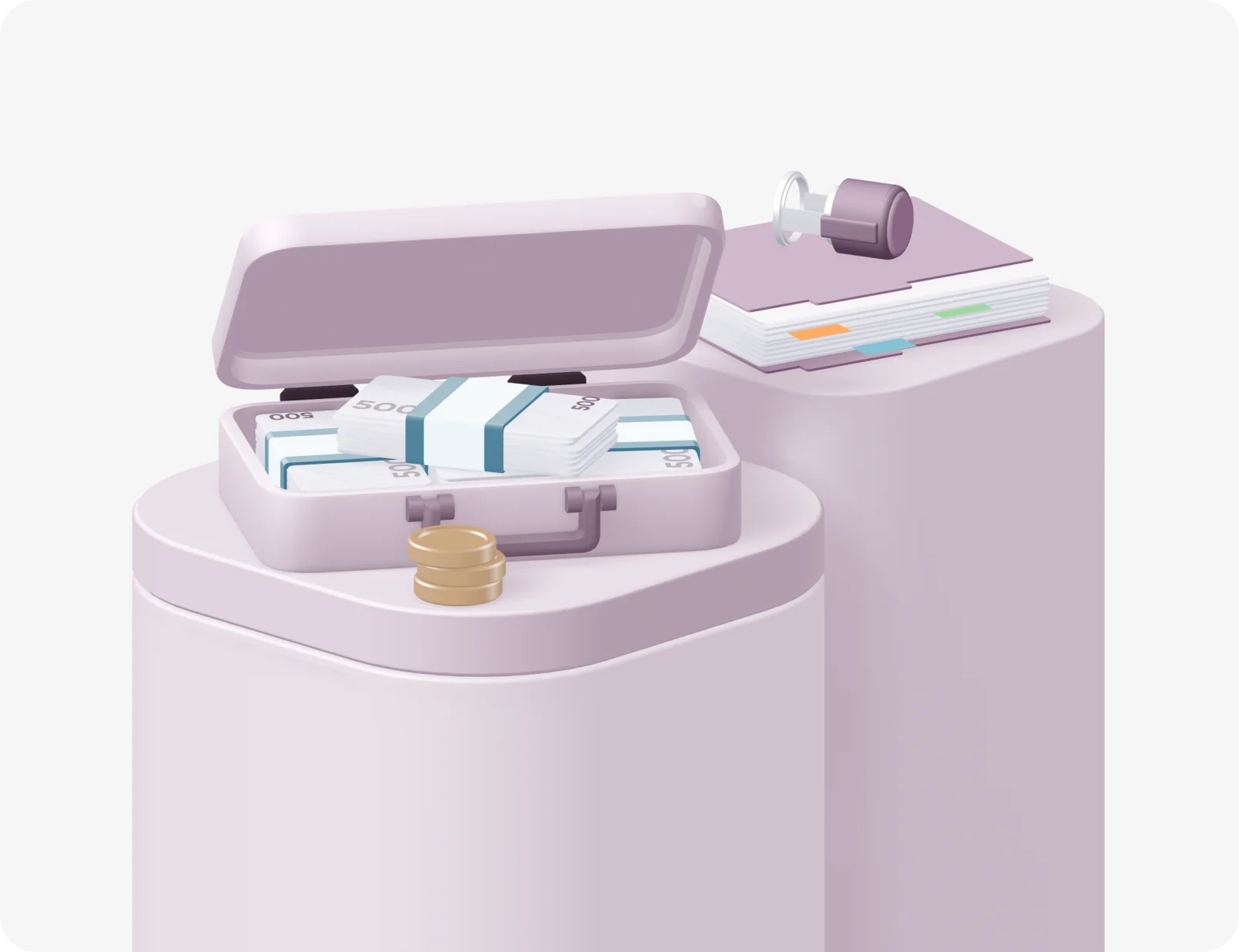 Відкрита валіза зі стосами банкнот, монети та документи зі штампом